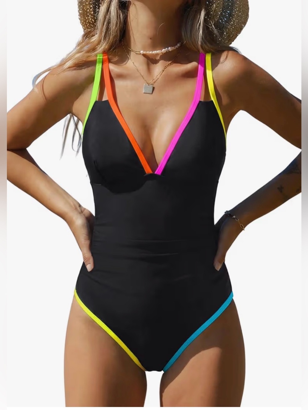 Black One-Piece Swimsuit with Neon Trim